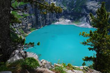 Oeschinen Lake (Oeschinensee) in  Kandersteg, the Bernese Oberland, Switzerland, part of the UNESCO World Heritage Site