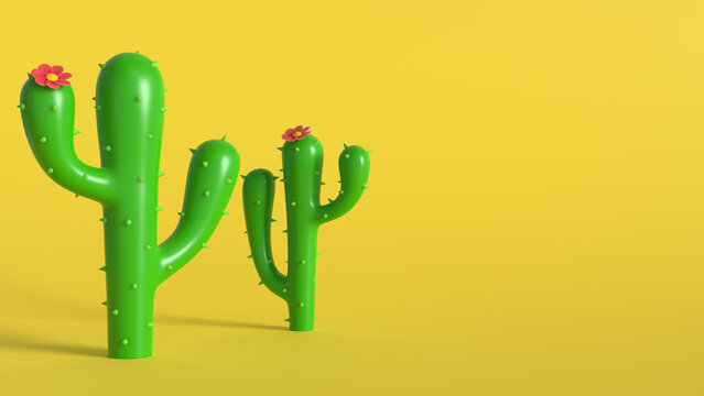 Green cactus with red flower on yellow background. Summer design. 3D rendered image.