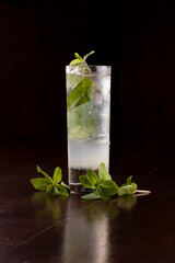refreshing mint mojito cocktail in long drink under wooden table seen from the front with mint...