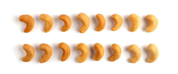 Set of roasted Cashew nuts isolated on white background.