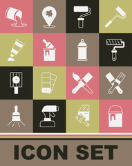 Set Paint bucket, brush, roller, with, Tube paint palette, and spray can icon. Vector