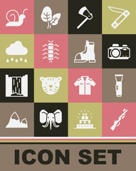 Set Hunting gun, Flashlight, Photo camera, Wooden axe, Centipede insect, Cloud with rain, Snail and Hunter boots icon. Vector