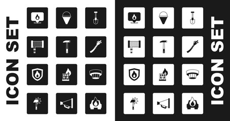 Set Fire shovel, Firefighter axe, hose reel, Location with fire flame, cone bucket, Smoke alarm system and protection shield icon. Vector