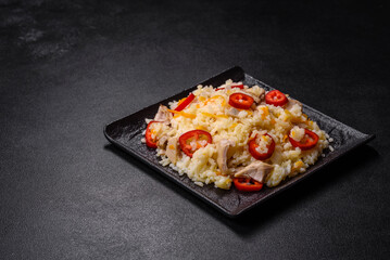 Homemade chinese fried rice with vegetables and a chicken