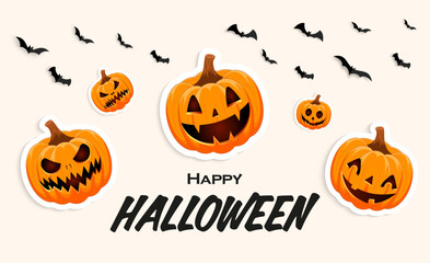 Happy Halloween banner. Orange pumpkin sticker and flying bats, festive banner with pumpkins. Halloween holiday banner.