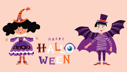 Happy Halloween banner vector festive background illustration  Bat, ghost, skeleton, eye,  lettering