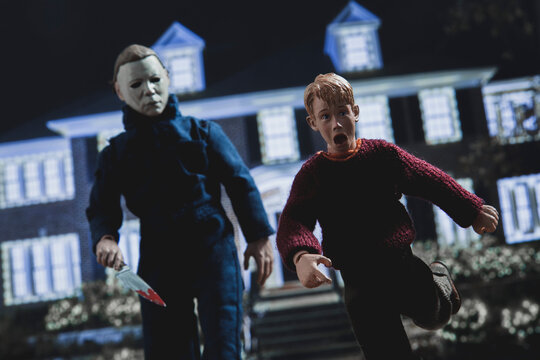 NEW YORK USA- AUG 27 2022: mashup from the movies Home Alone and Halloween, with Kevin McCallister yelling expression as he realizes he is being chased by boogieman Michael Myers - Neca action figure