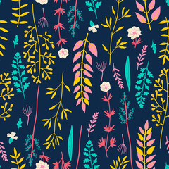 Amazing floral vector seamless pattern of vibrant colorful flowers in a cute vintage style. Beautiful colorful flowers background. Spring primitive texture. Folk style design concept for fashion print