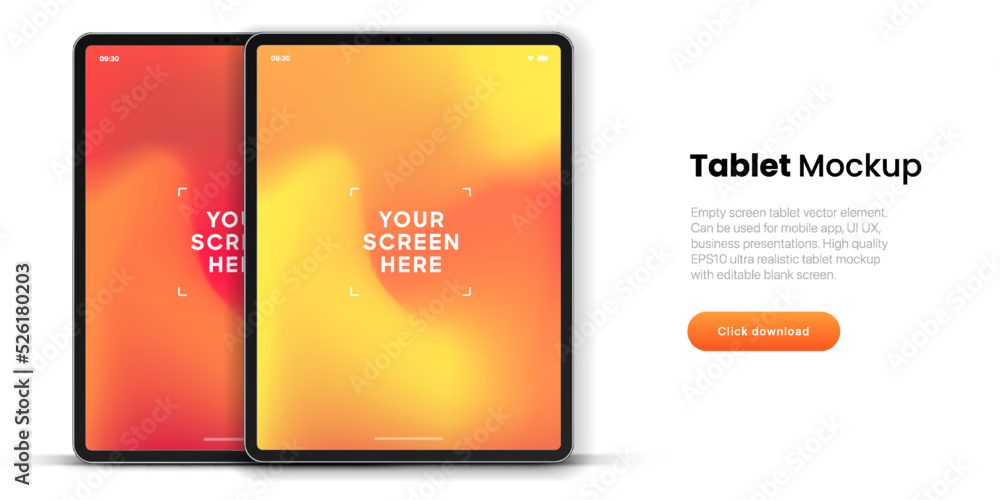 Poster 3D Tablet frame less blank screen. Empty screen device tablet mockup element. Can be used for mobile app, UI UX, business presentations. High quality EPS10 ultra realistic tablet with editable screen