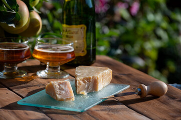 Cheese pairing with drinks,  parmigiano reggiano or parmesan cheese and French apple cider served outdoor