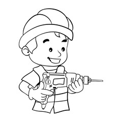 Cartoon design of labor worker with his safety helmet operating a drill. Industrial construction worker or carpentry. Coloring page
