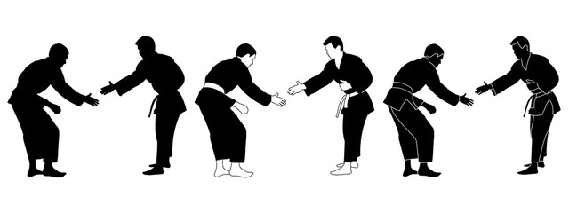 Silhouettes judoist, judoka, fighter in a duel, fight, judo sport, martial art, sport silhouettes pack