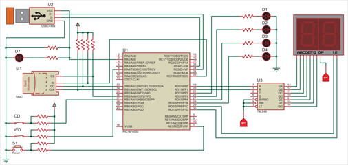 The vector  electrical schematic diagram of a digital usb
information output device,
operating under the control of an PIC microcontroller.
Vector drawing of an electronic device in a1 format.