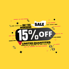 15% percent off(offer), limited quantities, yellow 3D super discount sticker, sale.(Black Friday) vector illustration, Fifteen 