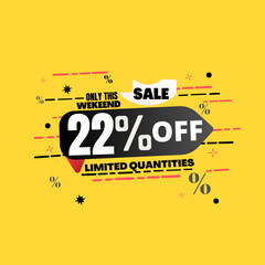 22% percent off(offer), limited quantities, yellow 3D super discount sticker, sale.(Black Friday) vector illustration, Twenty two 