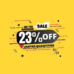 23% percent off(offer), limited quantities, yellow 3D super discount sticker, sale.(Black Friday) vector illustration, Twenty three 
