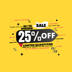 25% percent off(offer), limited quantities, yellow 3D super discount sticker, sale.(Black Friday) vector illustration, Twenty-five 
