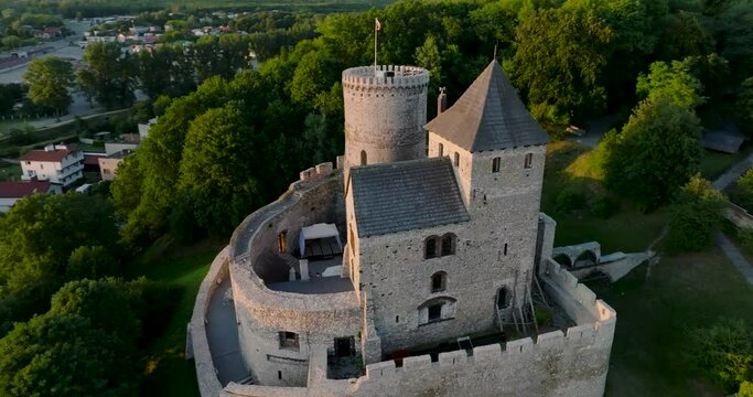 Flight around the Castle in Bedzin at sunset, Upper Silesia, Poland. 