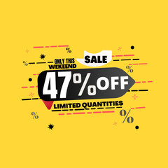 47% percent off(offer), limited quantities, yellow 3D super discount sticker, sale.(Black Friday) vector illustration, Forty seven