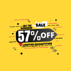 57% percent off(offer), limited quantities, yellow 3D super discount sticker, sale.(Black Friday) vector illustration, Fifty seven