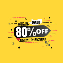 80% percent off(offer), limited quantities, yellow 3D super discount sticker, sale.(Black Friday) vector illustration, Eighty 