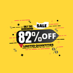 82% percent off(offer), limited quantities, yellow 3D super discount sticker, sale.(Black Friday) vector illustration, Eighty two