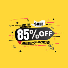 85% percent off(offer), limited quantities, yellow 3D super discount sticker, sale.(Black Friday) vector illustration, Eighty five 