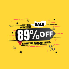 89% percent off(offer), limited quantities, yellow 3D super discount sticker, sale.(Black Friday) vector illustration, Eighty nine