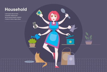 Busy multitasking woman. Multifunctional female character with many hands doing different jobs. Does all the homework and feeds the cat. Cartoon isolated concept