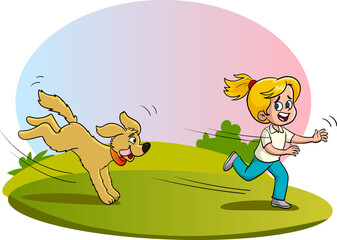 vector illustration of girl running scared from dog