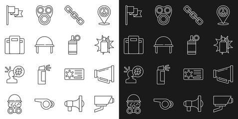 Set line Security camera, Megaphone, Hand grenade, Chain link, Military helmet, Police assault shield, Location marker and icon. Vector
