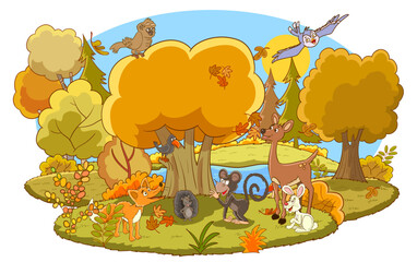 animals in the forest in autumn.storybook vector illustration