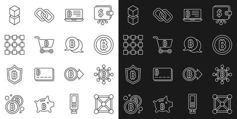 Set line Blockchain technology, Bitcoin, Mining bitcoin from laptop, Shopping cart with, and icon. Vector