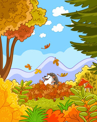 hello autumn.cute hedgehog playing with dry leaves.vector illustration