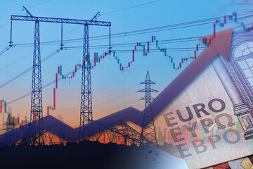 Power lines next to euro notes with rising up arrow. Energy crisis in Europe. Price increase of...