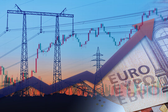 Power lines next to euro notes with rising up arrow. Energy crisis in Europe. Price increase of electricity for home heating and industry.