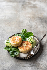 Potato patties Stuffed with meat, served with vegatables. Traditional Ukrainian Belarusian Polish food Zrazy in modern feed with text space