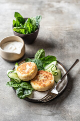 Potato patties Stuffed with meat, served with sour cream and vegetables. Traditional Ukrainian Belarusian Polish food Zrazy in modern feed with text space