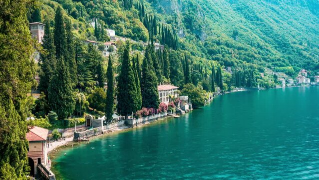 View of Italian bay with beach at Lake Como 4K
