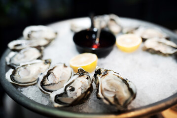 many fresh oysters with lemons lie on ice