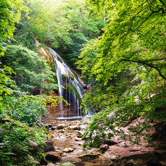 Beautiful waterfall in the summer forest
