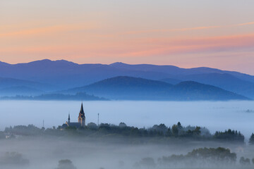 church in the mountains on a foggy spring morning, Lutowiska