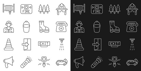 Set line Burning car, Fire sprinkler, Telephone call 911, Forest, bucket, Firefighter, hose reel and boots icon. Vector