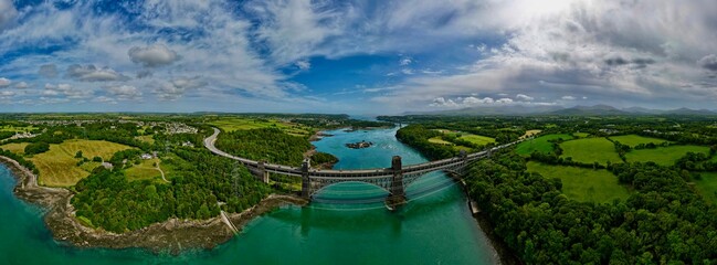 Menai Straits, Britannia Bridge and Nelsons statue, Anglesey, Wales, UK. 
