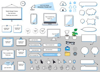 パソコン　タブット　スマートフォン　メモ帳　ファイル　吹き出し　オフィスのインテリアのフレームセット
