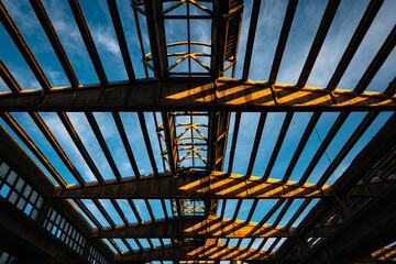 Sky, Striped Shadows in Ceiling of Abandoned Warehouse, Lozovac Croatia