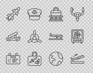 Set line Airport board, Plane takeoff, Conveyor belt with suitcase, Suitcase, Rocket, propeller, Worldwide and Radar targets monitor icon. Vector
