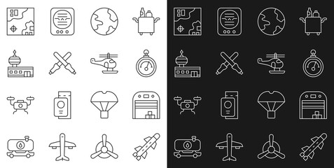 Set line Rocket, Aircraft hangar, Barometer, Worldwide, Marshalling wands, Airport control tower, travel map and Helicopter icon. Vector