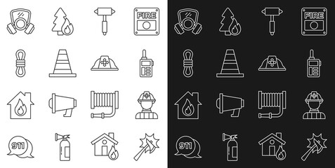 Set line Firefighter axe, Walkie talkie, Traffic cone, Climber rope, Gas mask and helmet icon. Vector