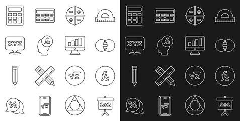 Set line Chalkboard, Function mathematical symbol, Mathematics sets A and B, XYZ Coordinate system, Calculator and Computer monitor with graph chart icon. Vector